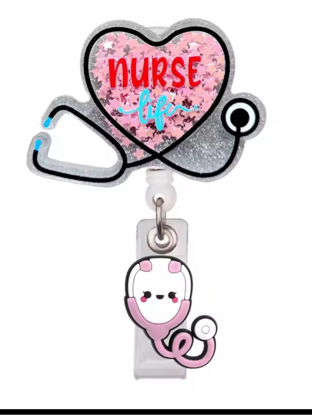 Pink 'Nurse Life' Heart Stethoscope Badge Reel